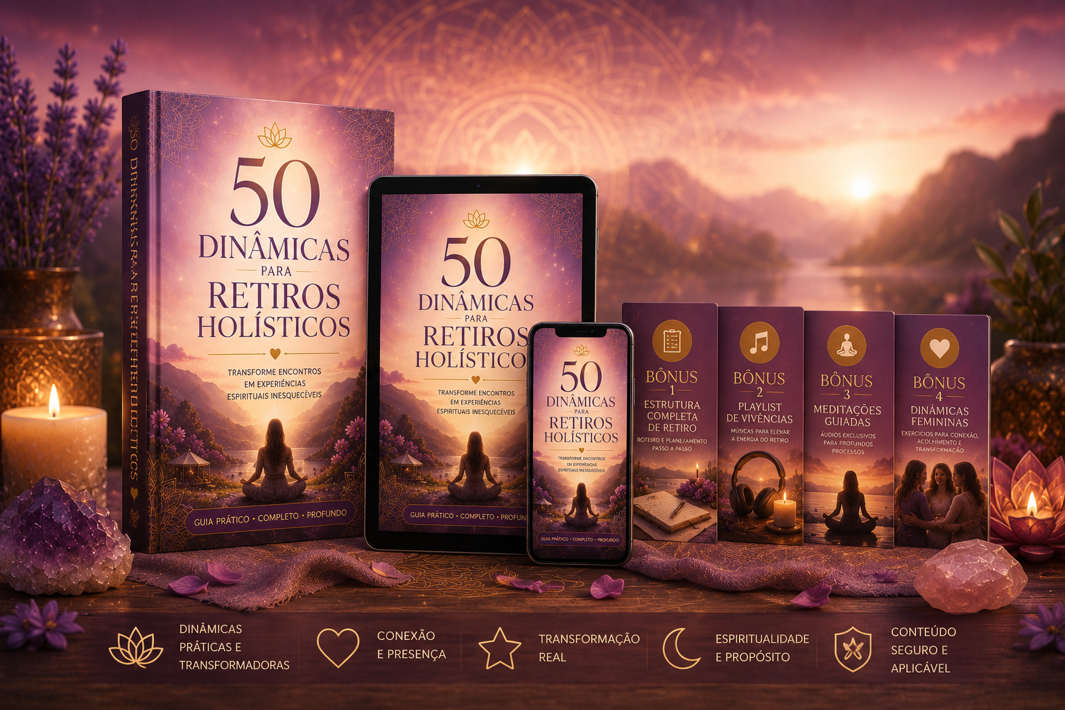 Mockup completo do produto 50 Dinâmicas para Retiros Holísticos